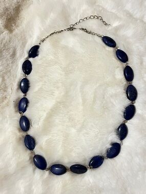 Genuine Blue Lapis Beads & Clear Glass Bead Necklace w 3” Ext